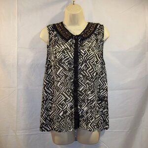 Metaphor Womens Sleeveless Top Blouse Size Large Sheer Beaded Button Black White